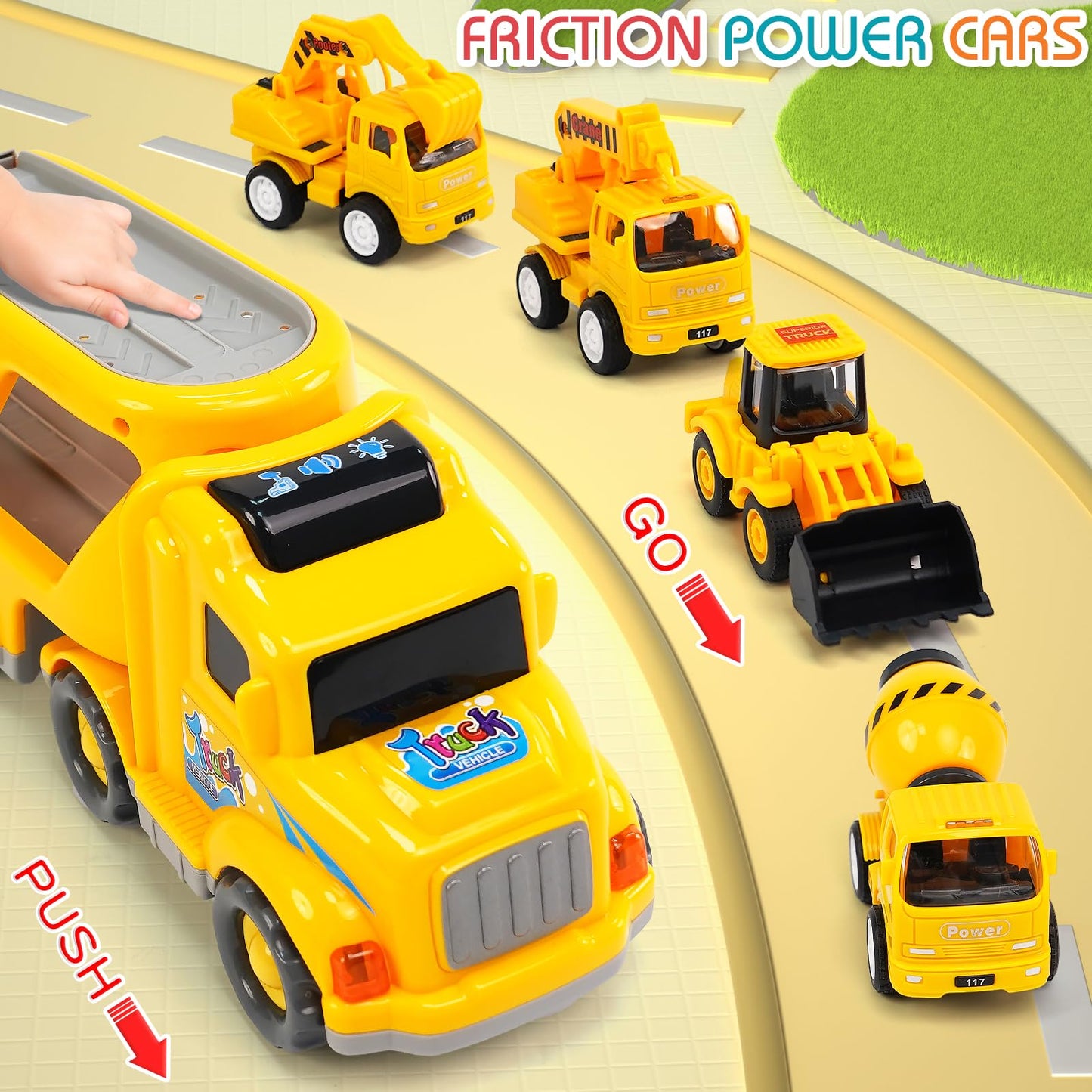 Veslier 9-in-1 Construction Truck Toys for Ages 3-6 | Friction-Power Carrier with Sounds & Lights