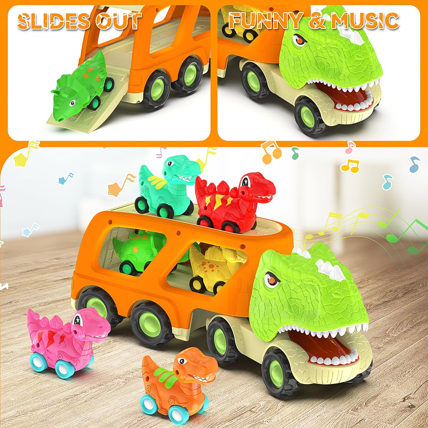 Veslier Dinosaur Transport Truck – 6 Mini Dinosaurs, Music & Roaring Sounds | Gift for 2+