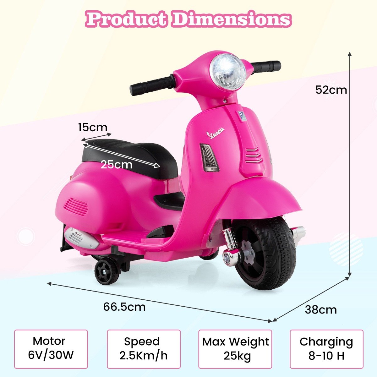 6V Kids Ride on Motorcycle with Training Wheels and Headlight - Vespa Scooter for 18-36 Months