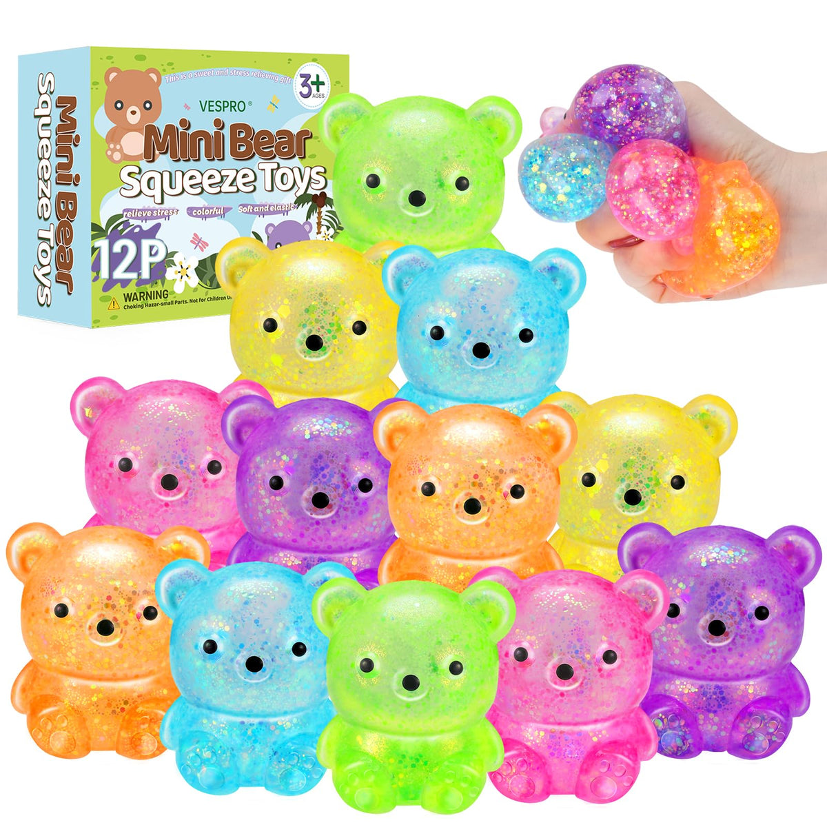 VESPRO 12-Pack Fidget Toys Squishy – Cute Bear Stress Balls for Focus & Fun
