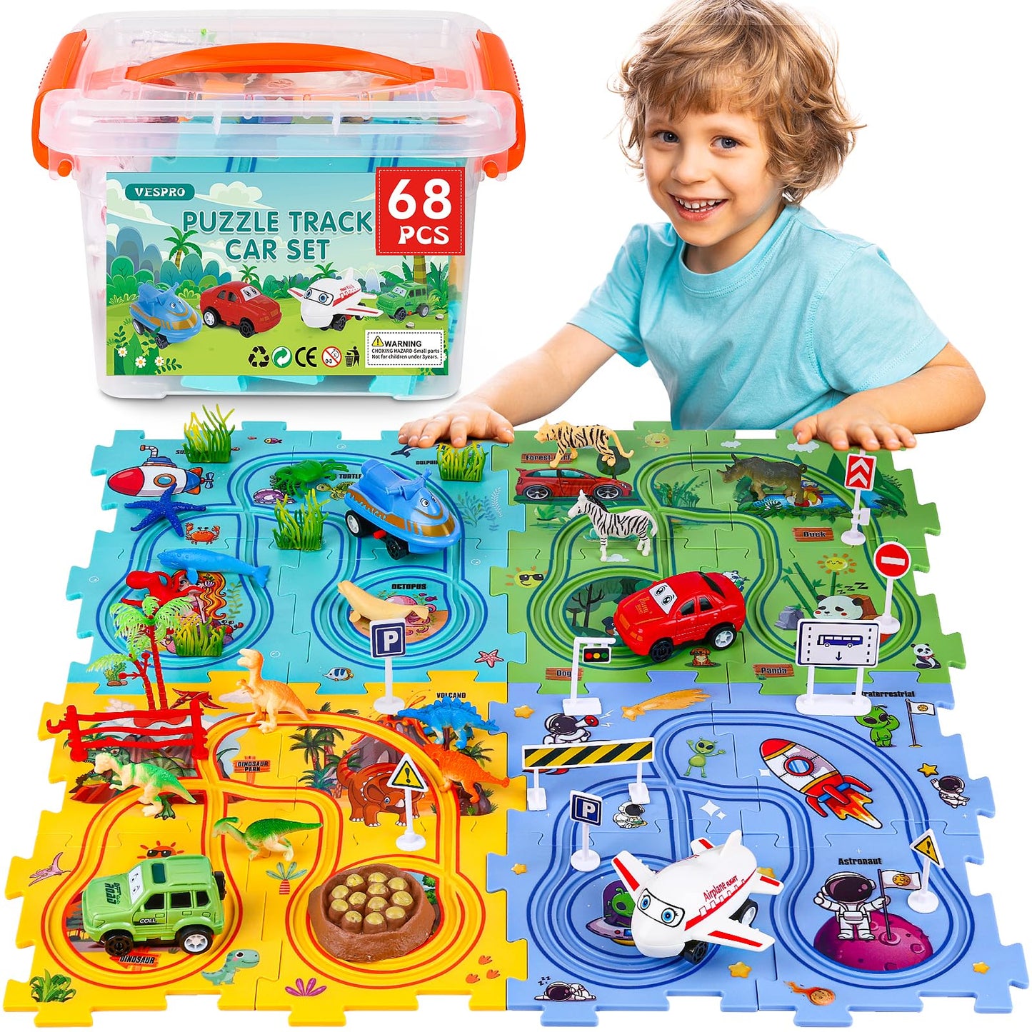VESPRO 4 Series Toddler Car Track Set – 68-Piece Educational Puzzle Toys for Ages 3+
