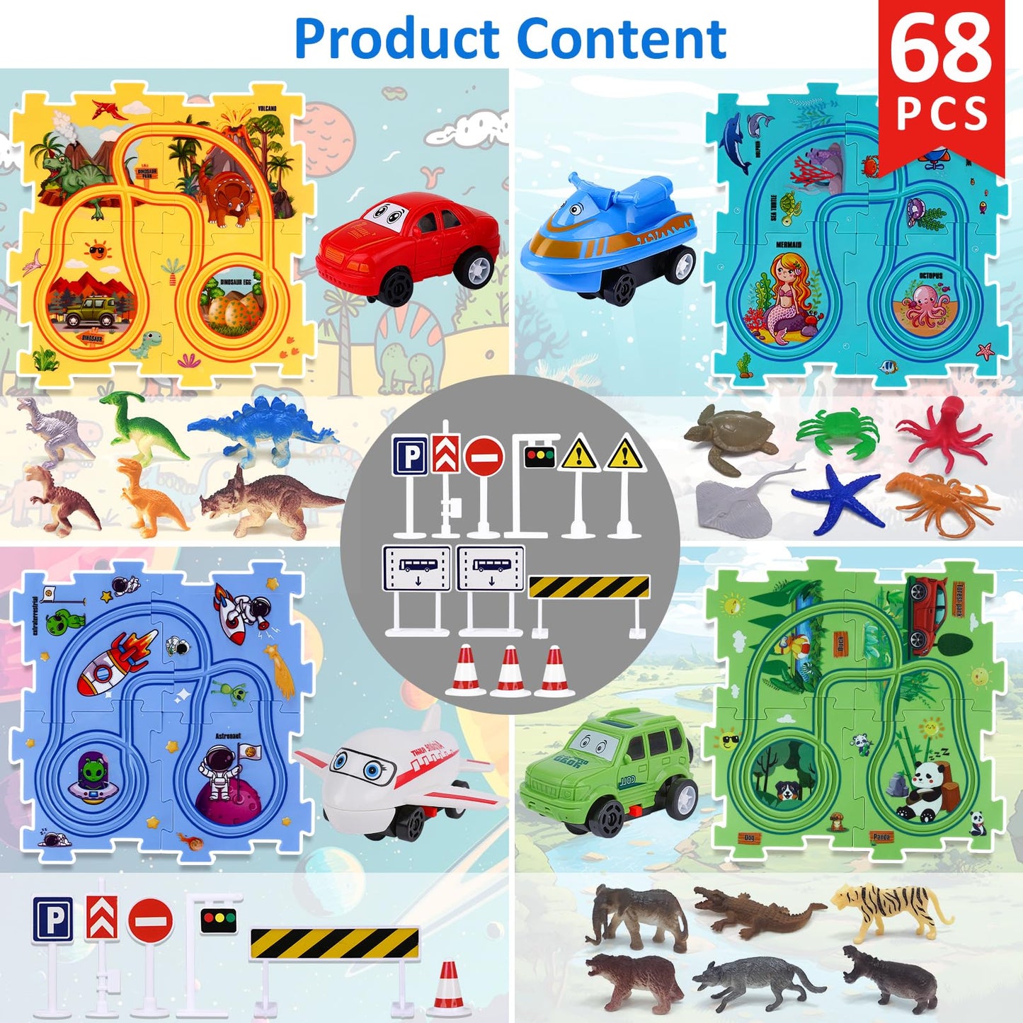 VESPRO 4 Series Toddler Car Track Set – 68-Piece Educational Puzzle Toys for Ages 3+