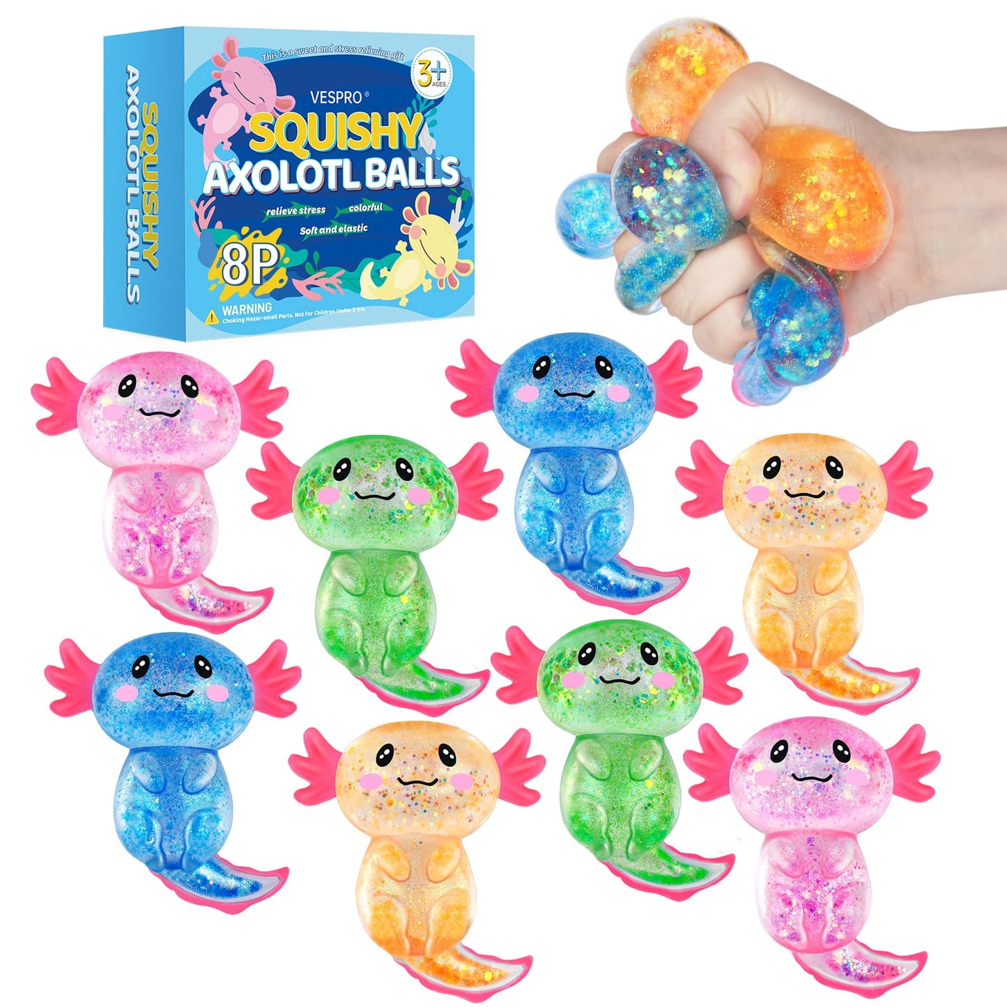 VESPRO 8-Pack Slow Rising Axolotl Stress Balls – Colorful Fidget Toys for All Ages