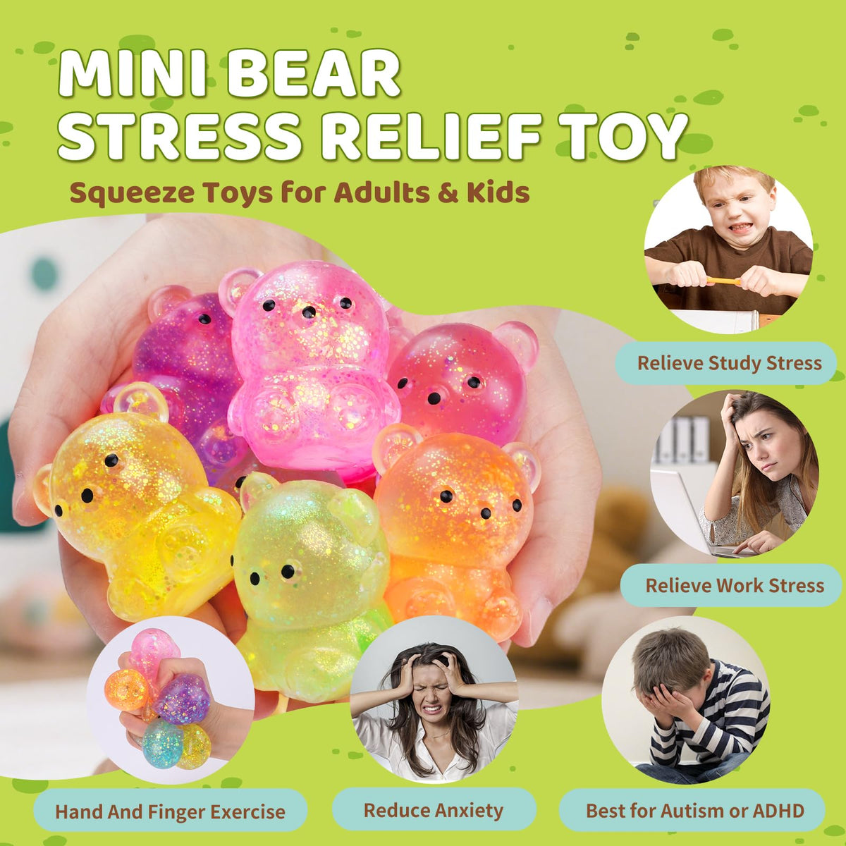 VESPRO 12-Pack Fidget Toys Squishy – Cute Bear Stress Balls for Focus & Fun