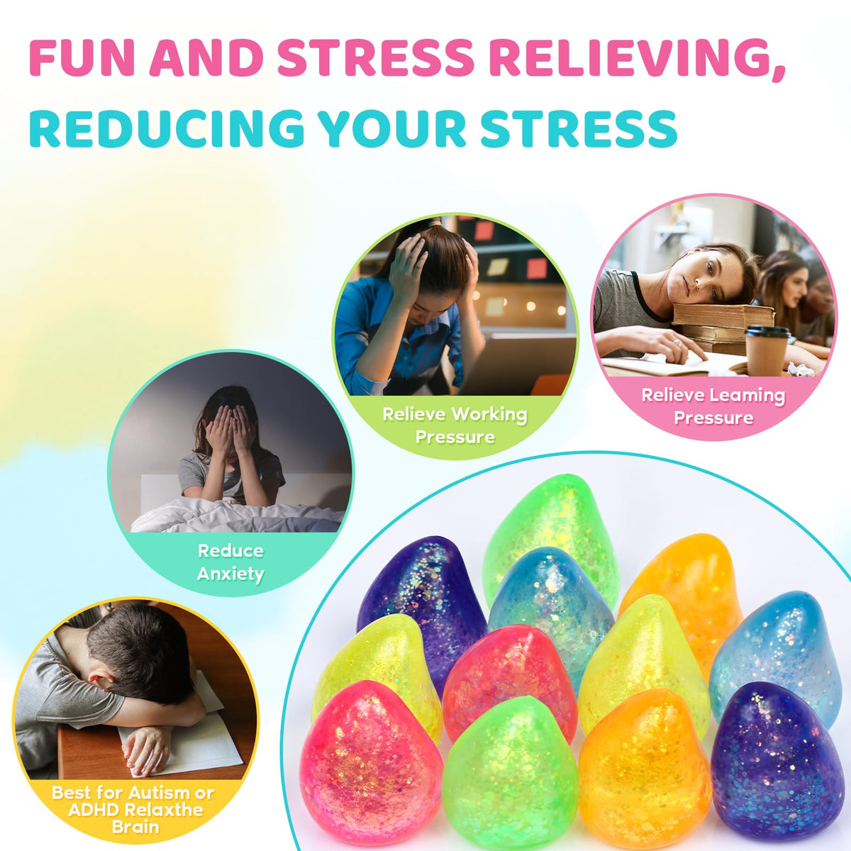 VESPRO 12-Pack Fidget Stress Balls — Slow Rising Hand Therapy Squishy Balls