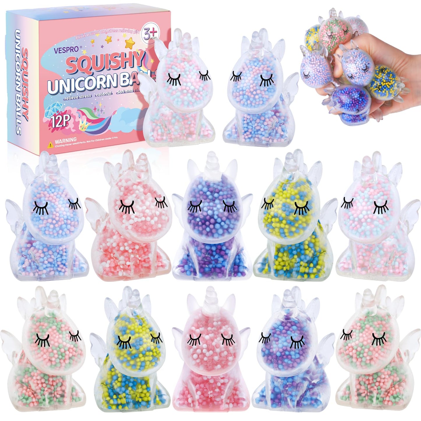 VESPRO 12-Pack Unicorn Fidget Stress Balls – Squishy Stress Ball Set for Kids & Adults | Party Favors