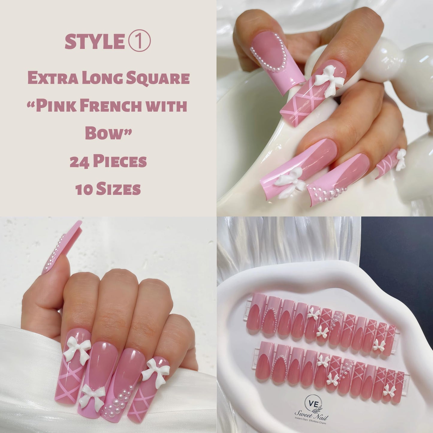 VESWEET Extra Long Square Press-On Nails – 4-Box 3D Design Set