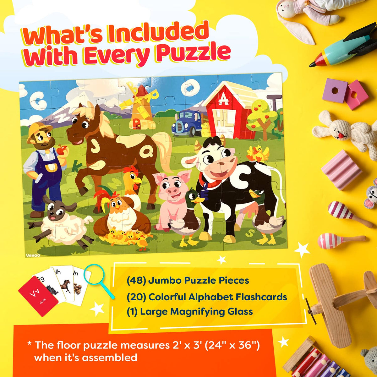 Vevoo I Spy Alphabet Puzzle – 48-Piece Farm Animals Jigsaw for Toddlers (Ages 3-5)