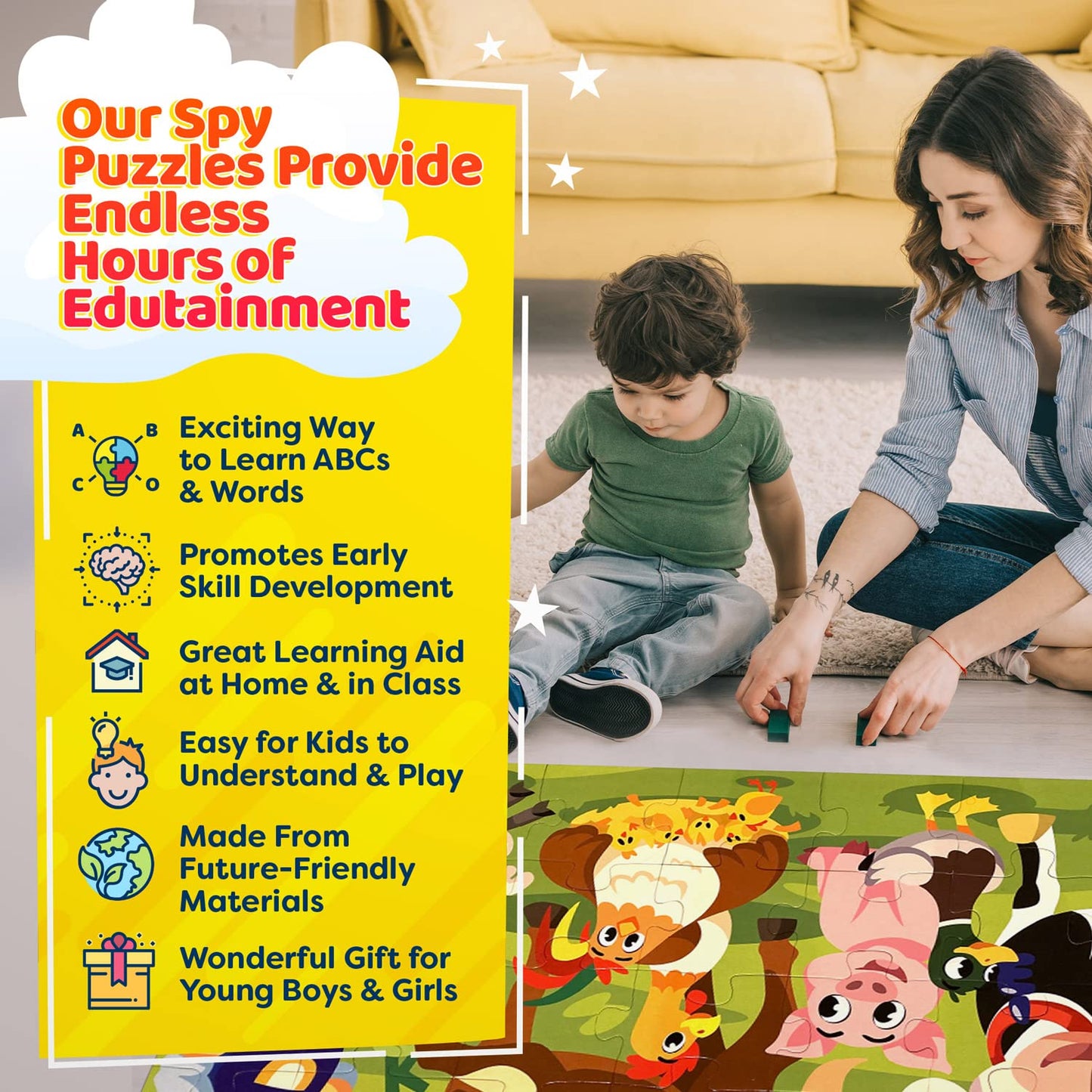 Vevoo I Spy Alphabet Puzzle – 48-Piece Farm Animals Jigsaw for Toddlers (Ages 3-5)