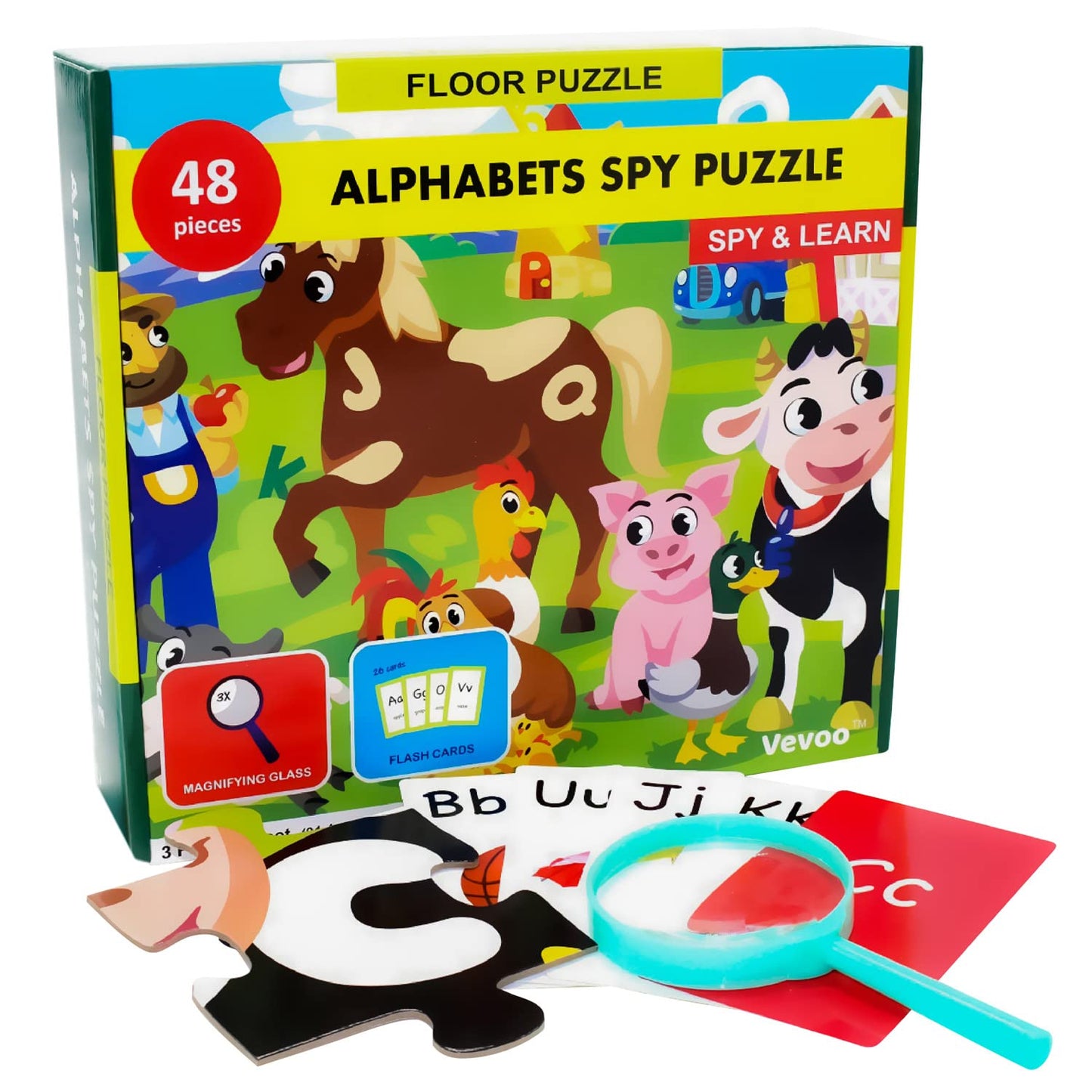 Vevoo I Spy Alphabet Puzzle – 48-Piece Farm Animals Jigsaw for Toddlers (Ages 3-5)