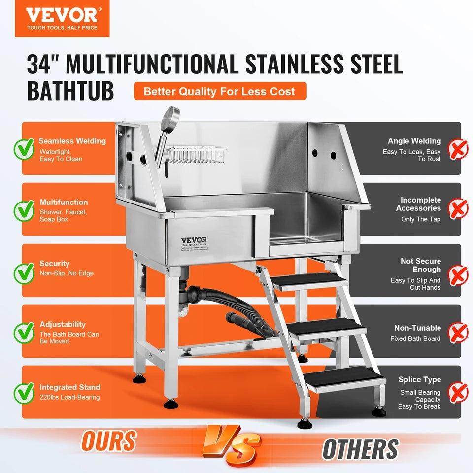 VEVOR 34" Pet Dog Bathing Tub

Stainless Steel Dog Grooming Station with Ramp and Faucet - Ideal for Home Pet Washing