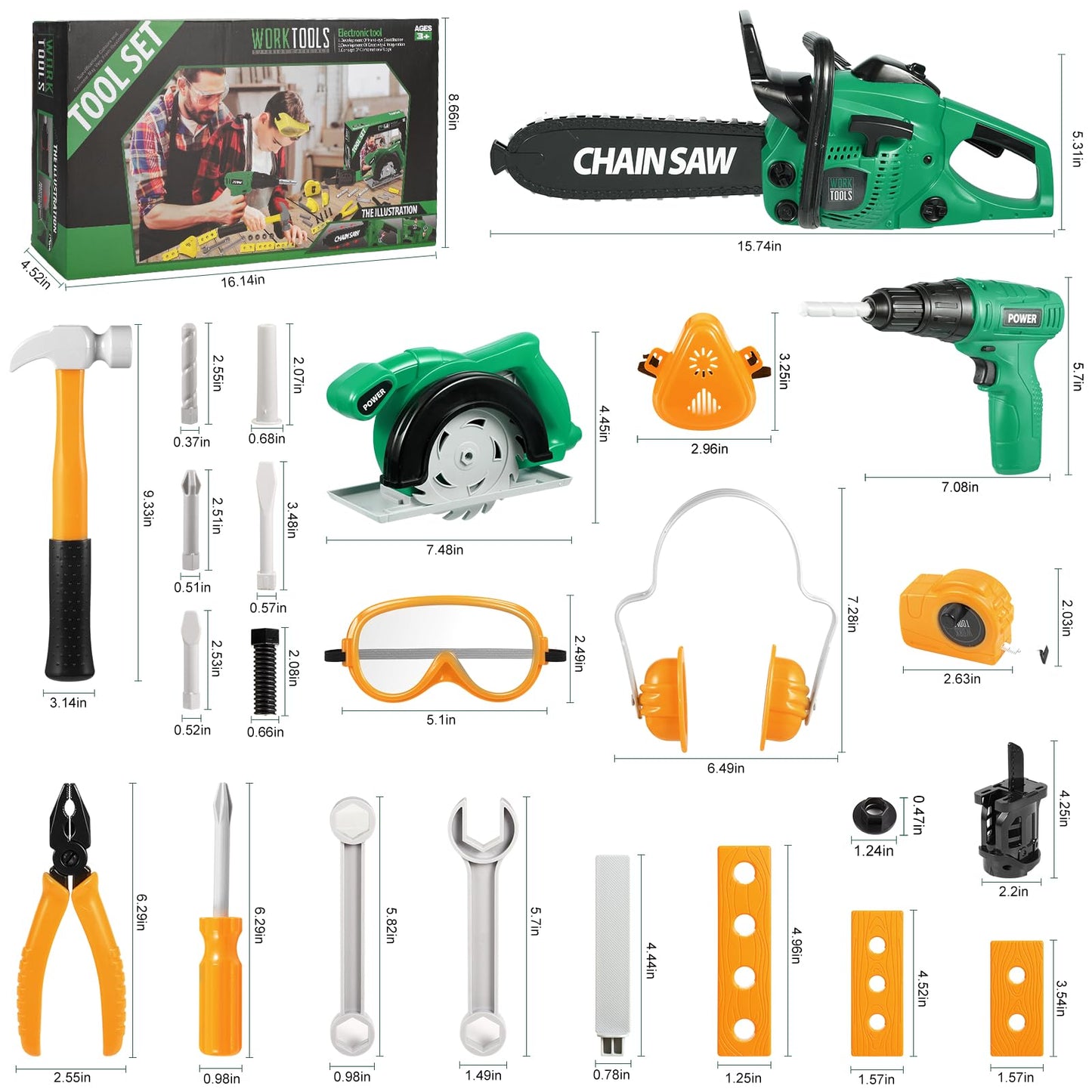 Vextronic Kids Tool Set 36 PCS – Realistic Chainsaw, Drill & Circular Saw