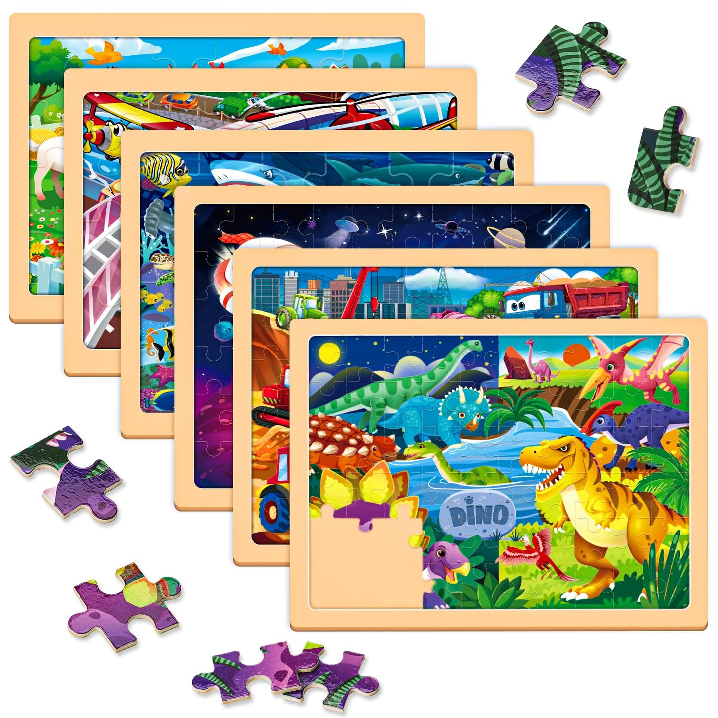 Vextronic Wooden Puzzles for Kids 6-Pack 24 & 60pcs Safe Educational Jigsaws
