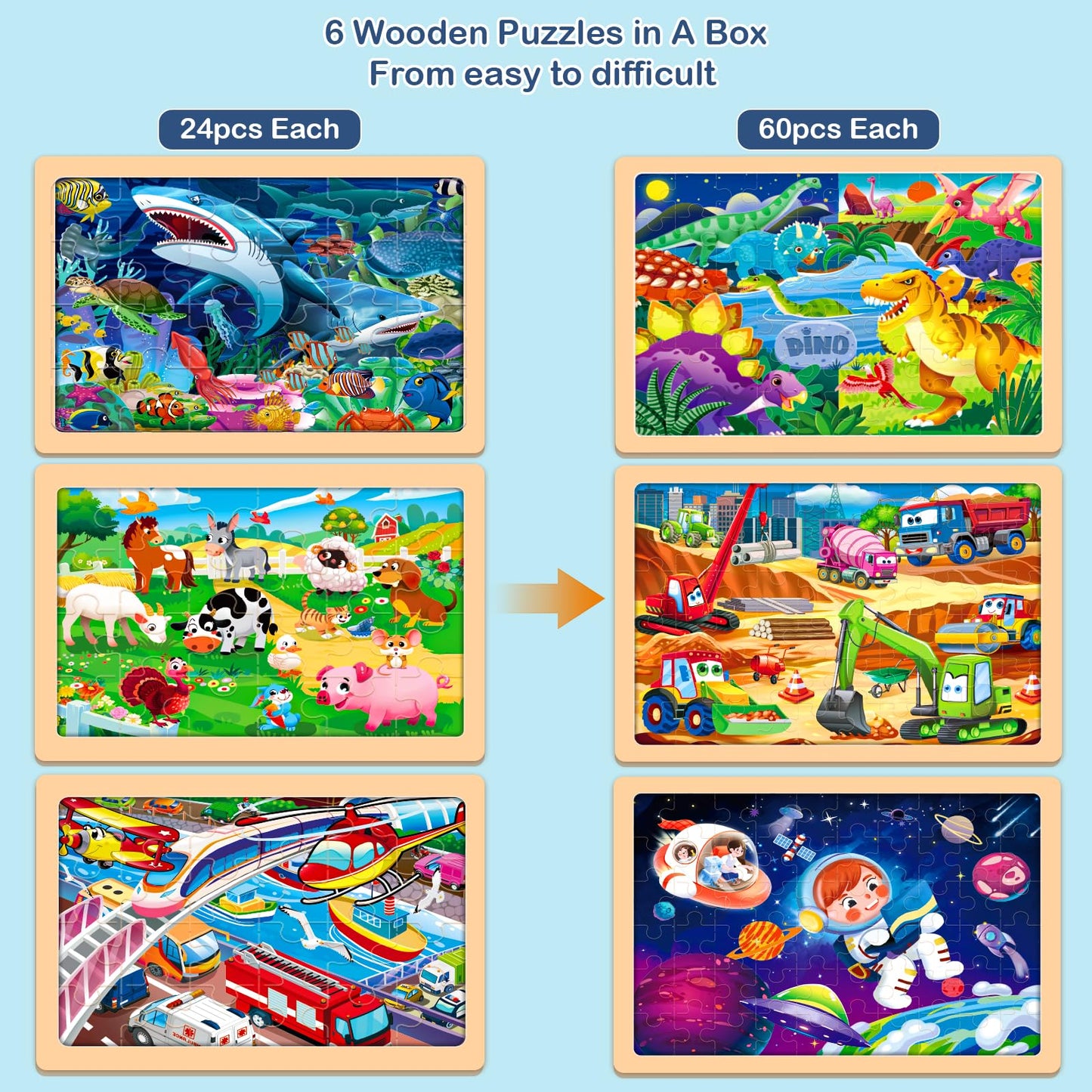Vextronic Wooden Puzzles for Kids 6-Pack 24 & 60pcs Safe Educational Jigsaws