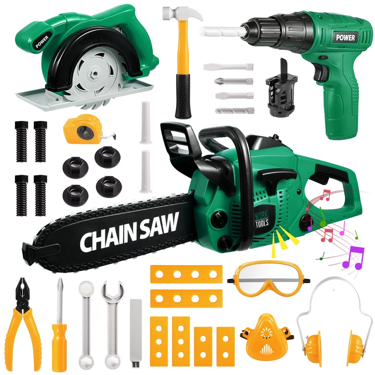 Vextronic Kids Tool Set 36 PCS – Realistic Chainsaw, Drill & Circular Saw