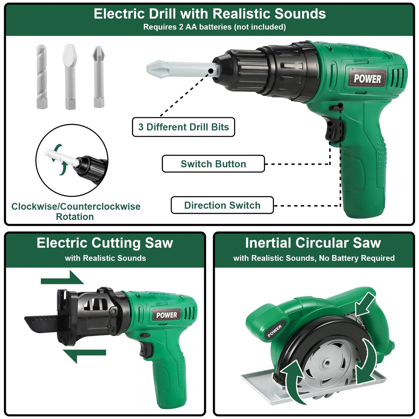 Vextronic Kids Tool Set 36 PCS – Realistic Chainsaw, Drill & Circular Saw