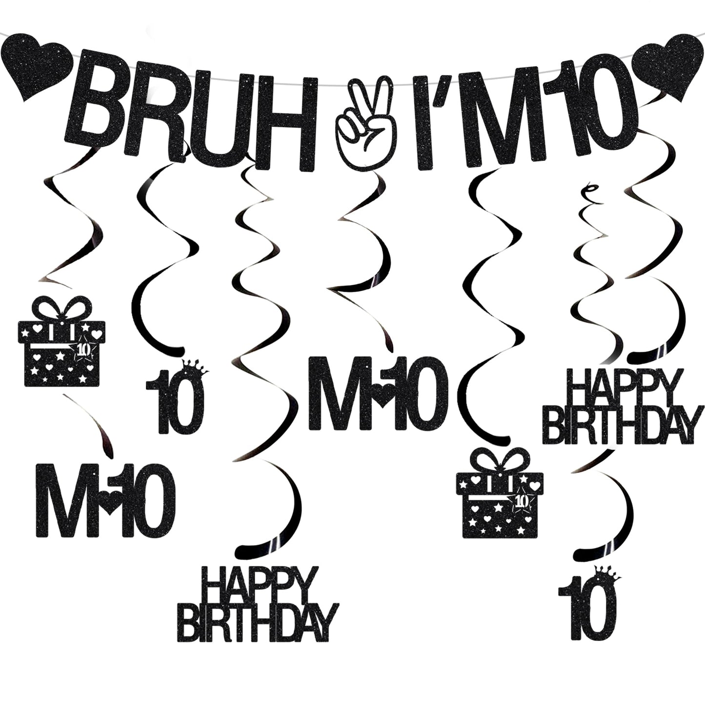 VeyoCraft 10th Birthday Decorations – Bruh I’m 10 Banner & Black Glitter Swirls