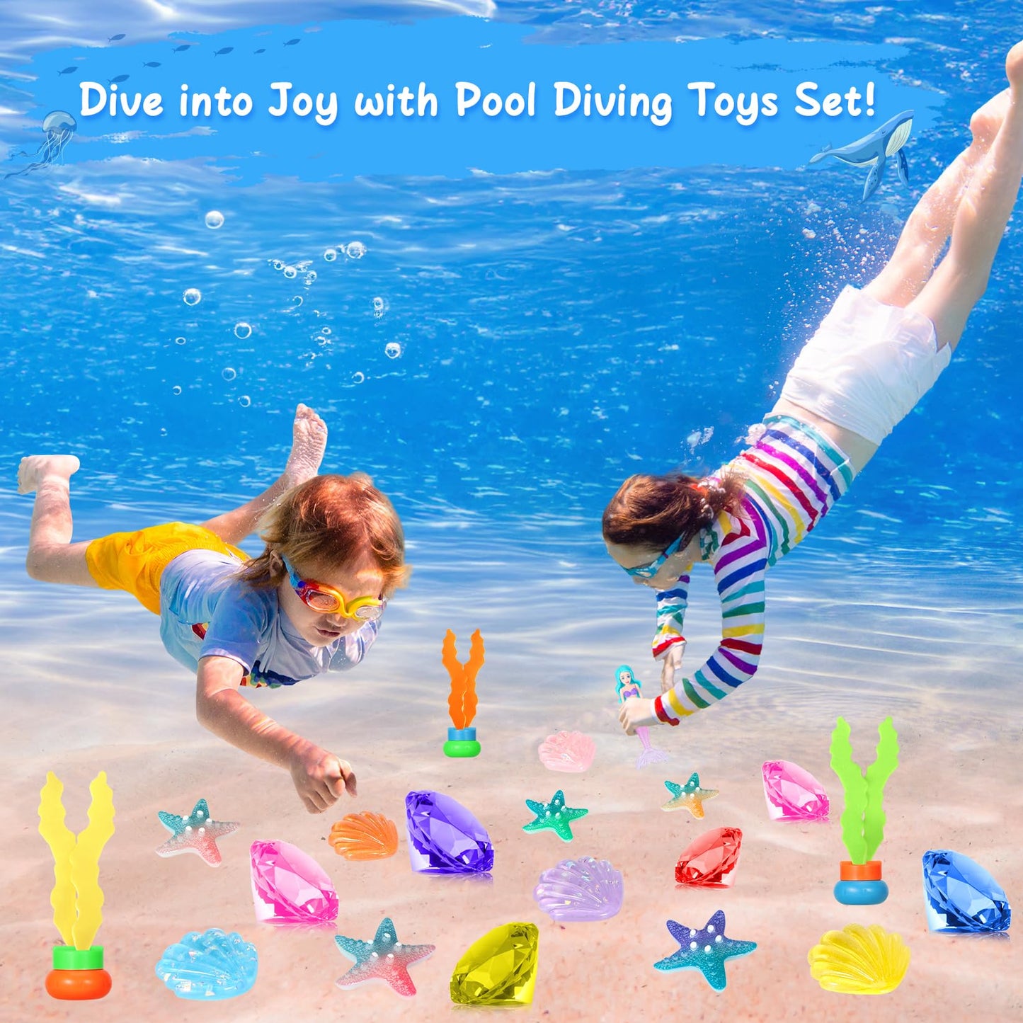 VGOFUN Mermaid Pool Toys – 31-Piece Diving Gems & Treasure Chest for Kids 3-12