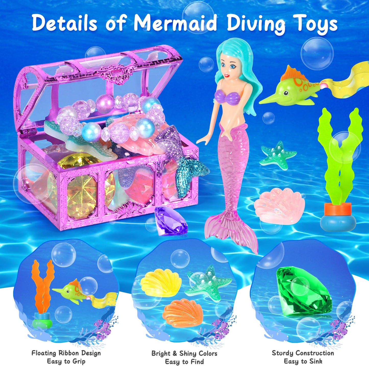 VGOFUN Mermaid Pool Toys – 31-Piece Diving Gems & Treasure Chest for Kids 3-12