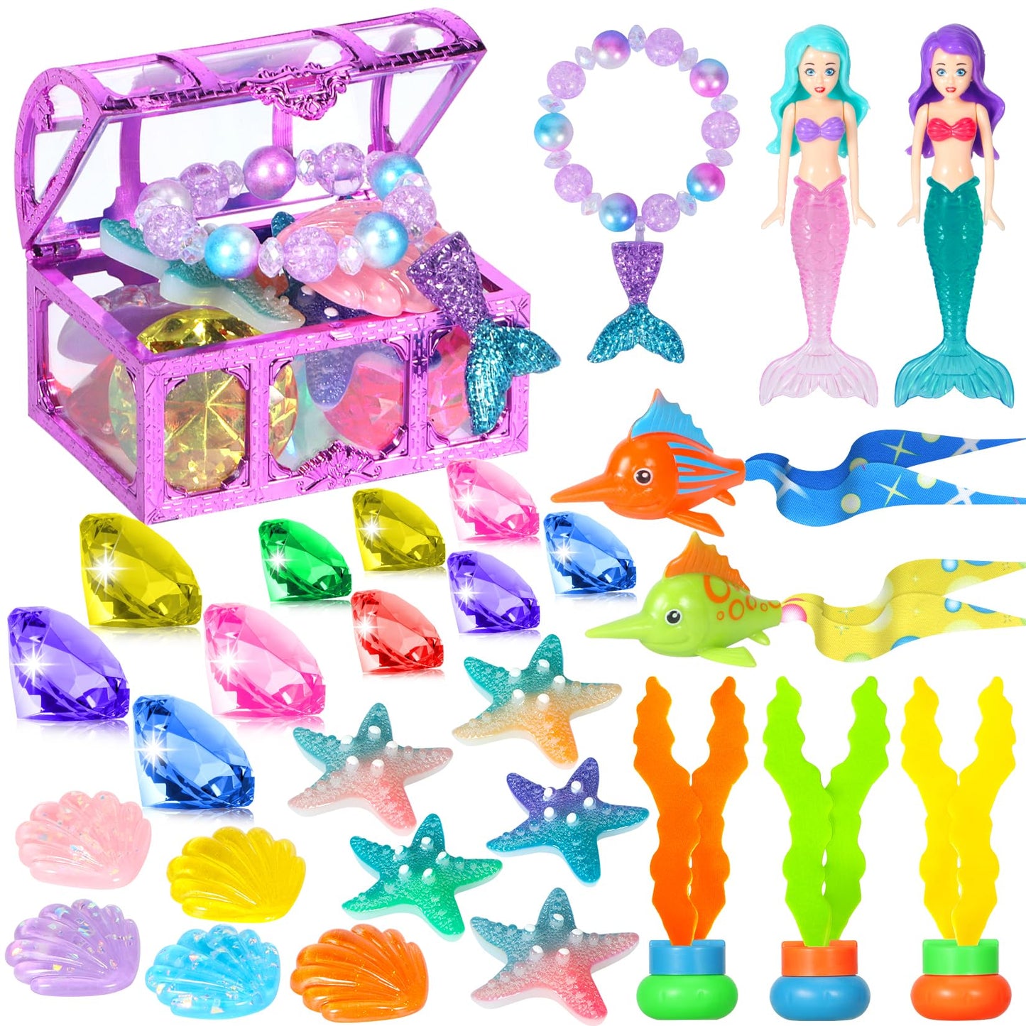VGOFUN Mermaid Pool Toys – 31-Piece Diving Gems & Treasure Chest for Kids 3-12