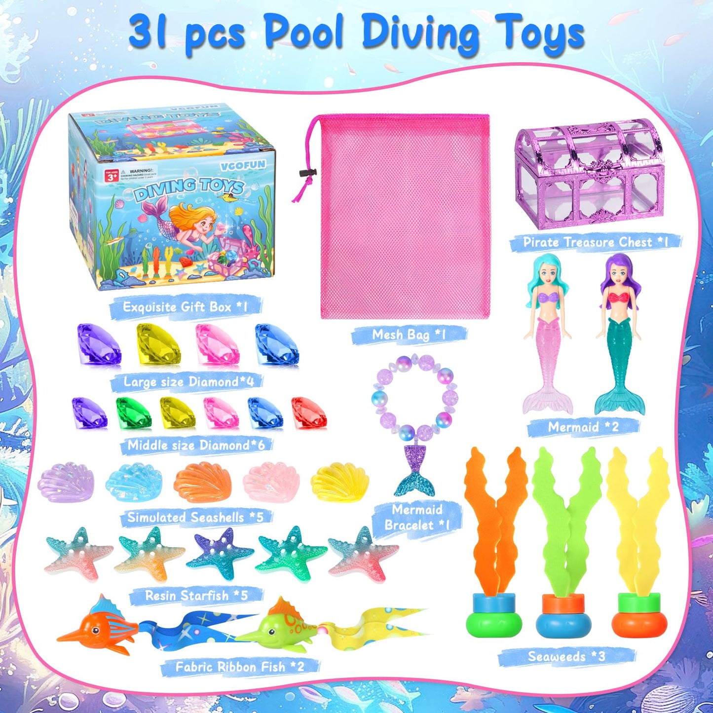 VGOFUN Mermaid Pool Toys – 31-Piece Diving Gems & Treasure Chest for Kids 3-12