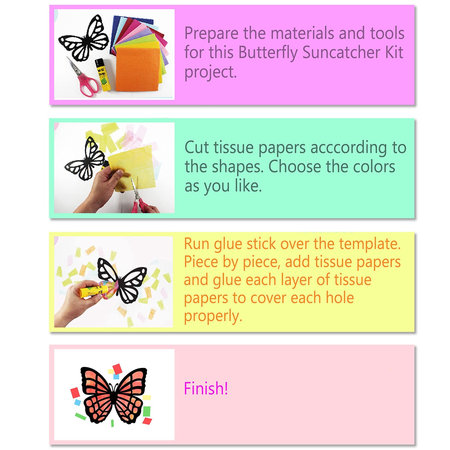 VHALE Butterfly Suncatchers Craft Kit — 3 Sets, 9 Cutouts, Tissue Paper Stained Glass