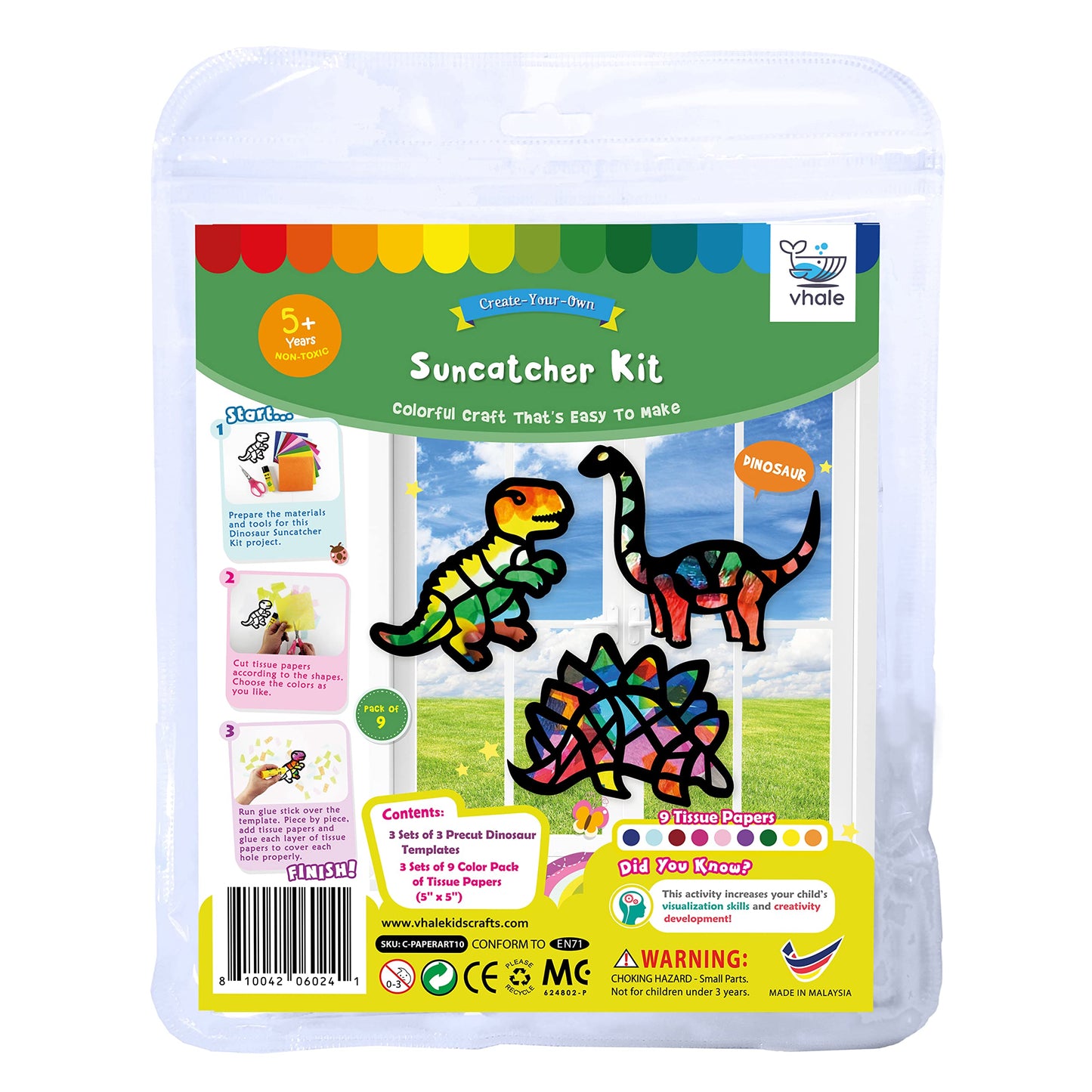 VHALE Suncatchers Craft 3 Sets (9 Cutouts) – Dinosaur Window Art Kit with Tissue Papers