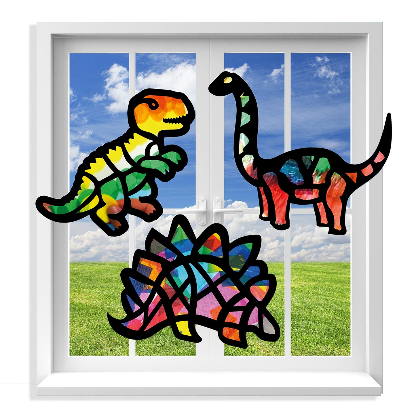 VHALE Suncatchers Craft 3 Sets (9 Cutouts) – Dinosaur Window Art Kit with Tissue Papers