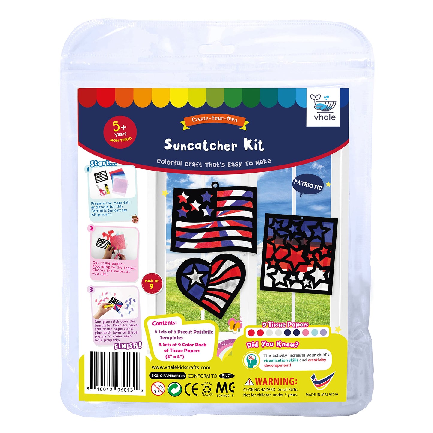 VHALE Suncatchers Craft – 3 Sets (9 Cutouts) Patriotic Window Art Kit