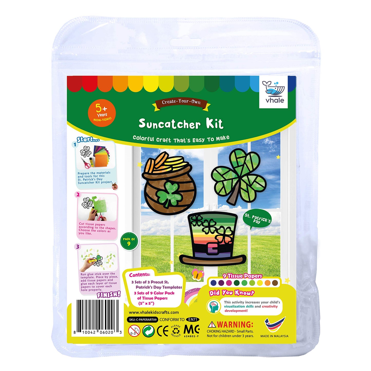 VHALE Suncatchers Craft 3 Sets with Tissue Paper – St. Patrick's Day Window Art Kit