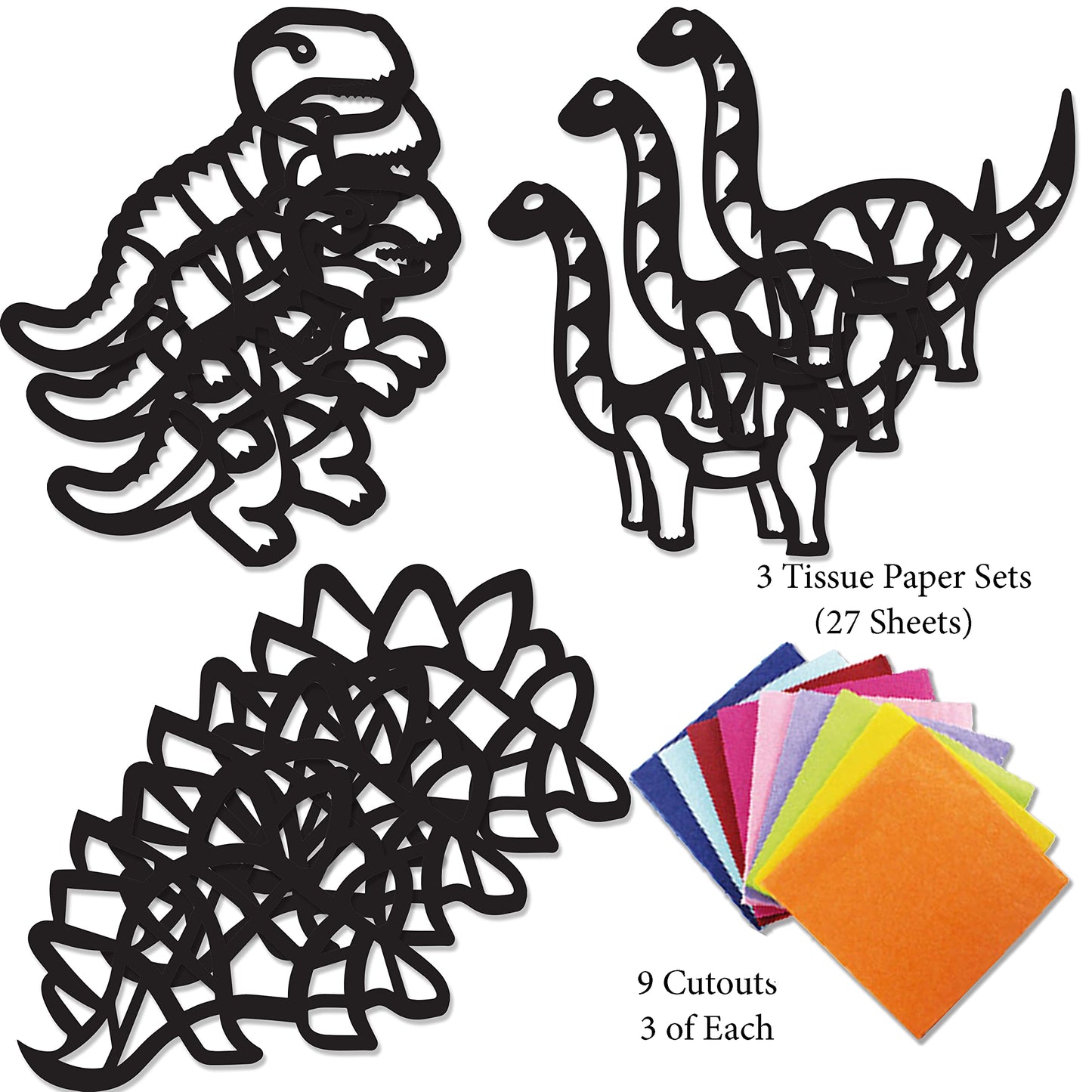 VHALE Suncatchers Craft 3 Sets (9 Cutouts) – Dinosaur Window Art Kit with Tissue Papers