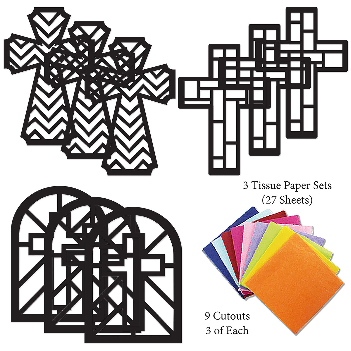 VHALE Suncatchers Craft 3 Sets (9 Cutouts) with Tissue Papers – Cross Sun Catcher Kit for Window Art & Classroom Crafts