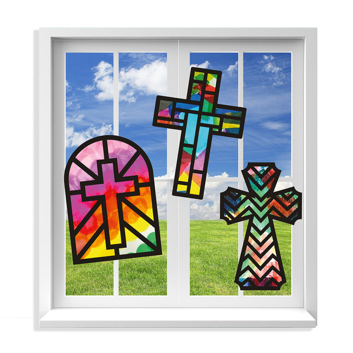VHALE Suncatchers Craft 3 Sets (9 Cutouts) with Tissue Papers – Cross Sun Catcher Kit for Window Art & Classroom Crafts