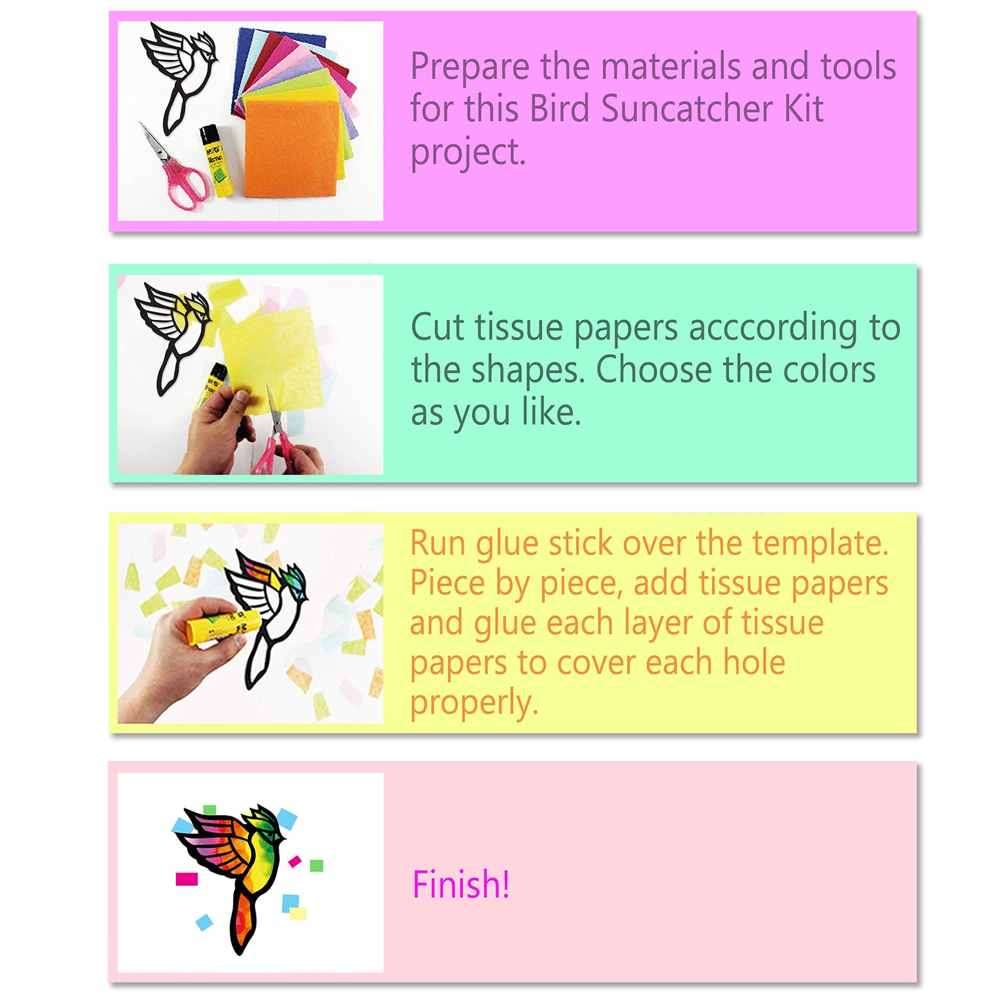 VHALE Suncatchers Craft Kit – 3 Sets (9 Bird Cutouts) with Tissue Papers