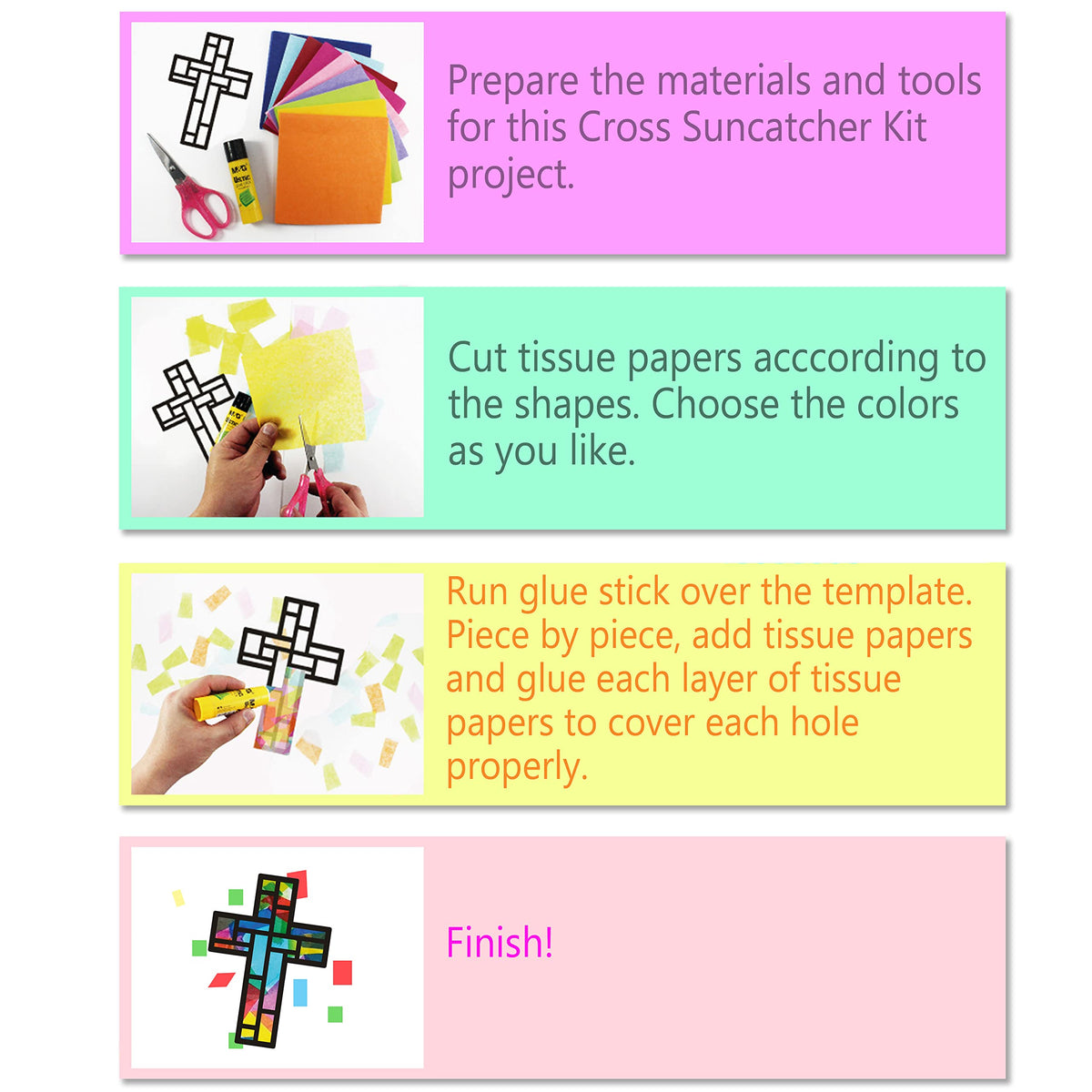 VHALE Suncatchers Craft 3 Sets (9 Cutouts) with Tissue Papers – Cross Sun Catcher Kit for Window Art & Classroom Crafts