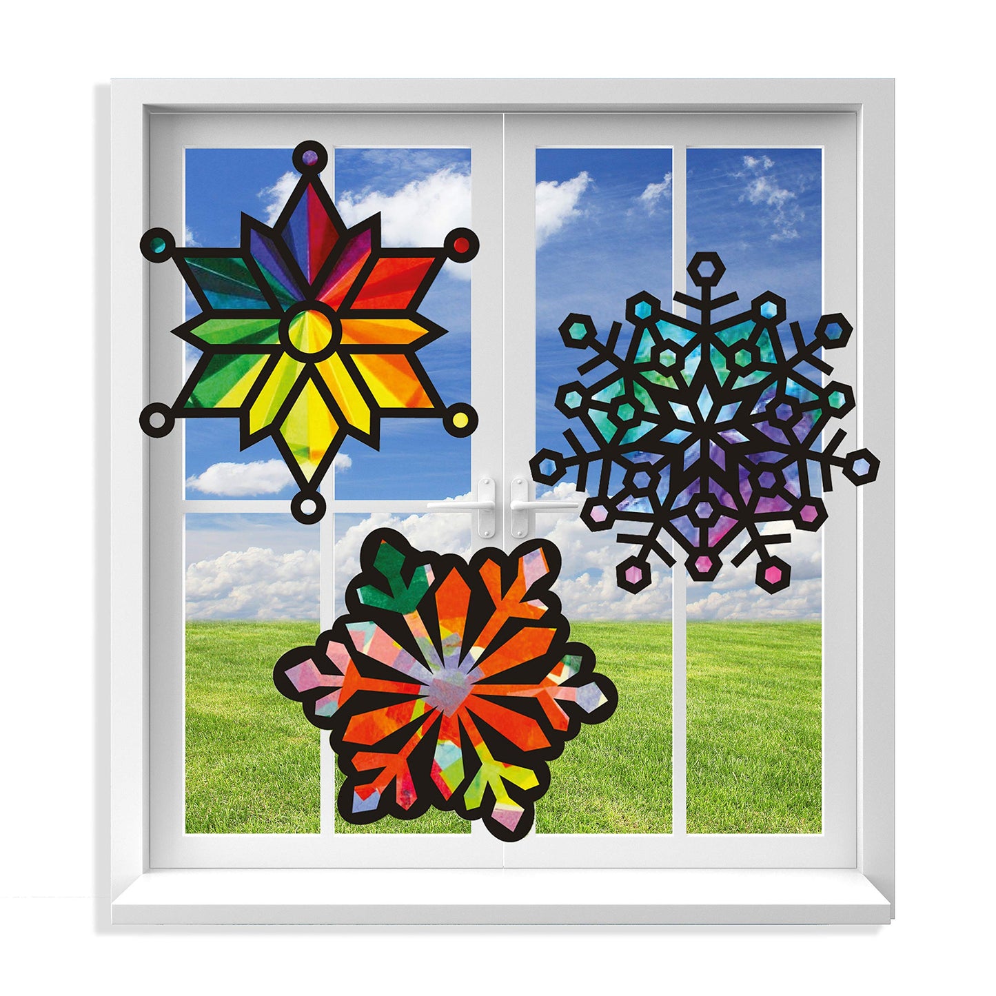 VHALE Suncatchers Craft Kit – 3 Snowflake Sets with Color Tissue Papers for Window Art
