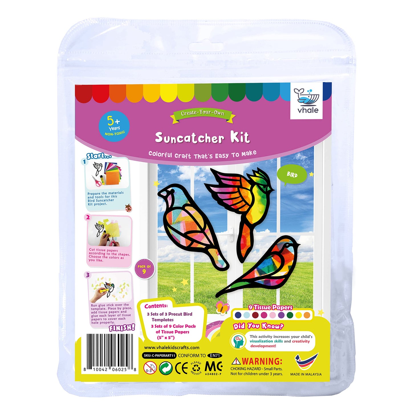 VHALE Suncatchers Craft Kit – 3 Sets (9 Bird Cutouts) with Tissue Papers