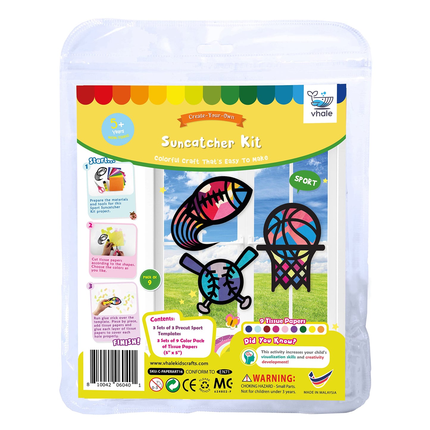 VHALE Suncatchers Craft Kit – Sport Theme (3 Sets, 9 Cutouts) with Tissue Papers