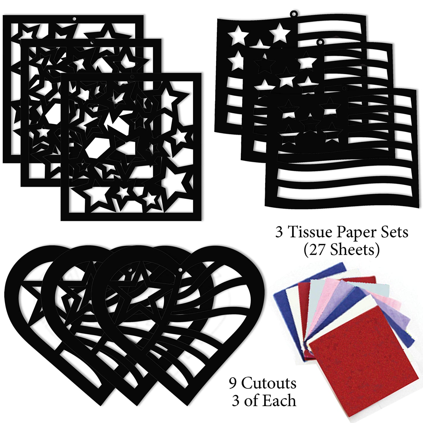 VHALE Suncatchers Craft – 3 Sets (9 Cutouts) Patriotic Window Art Kit