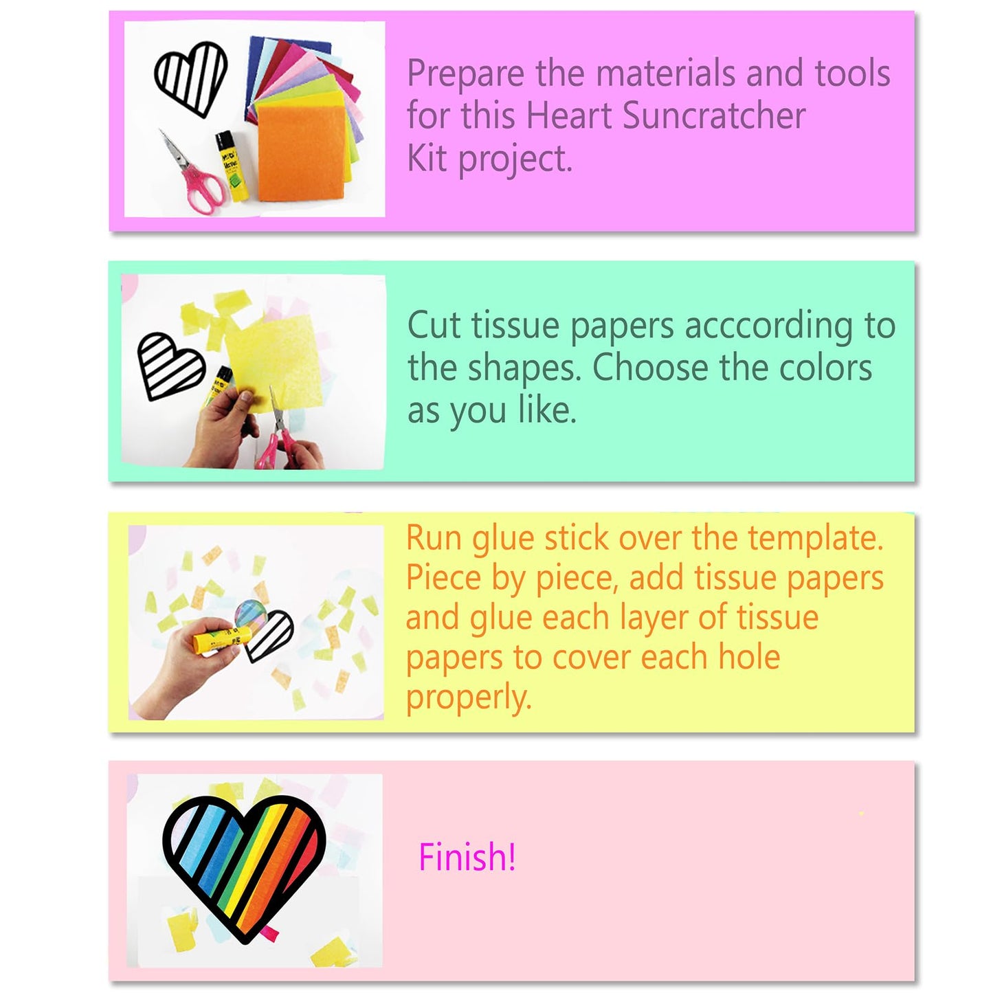 VHALE Suncatchers Craft Kit – 3 Sets (9 Heart Cutouts) with Color Tissue Paper