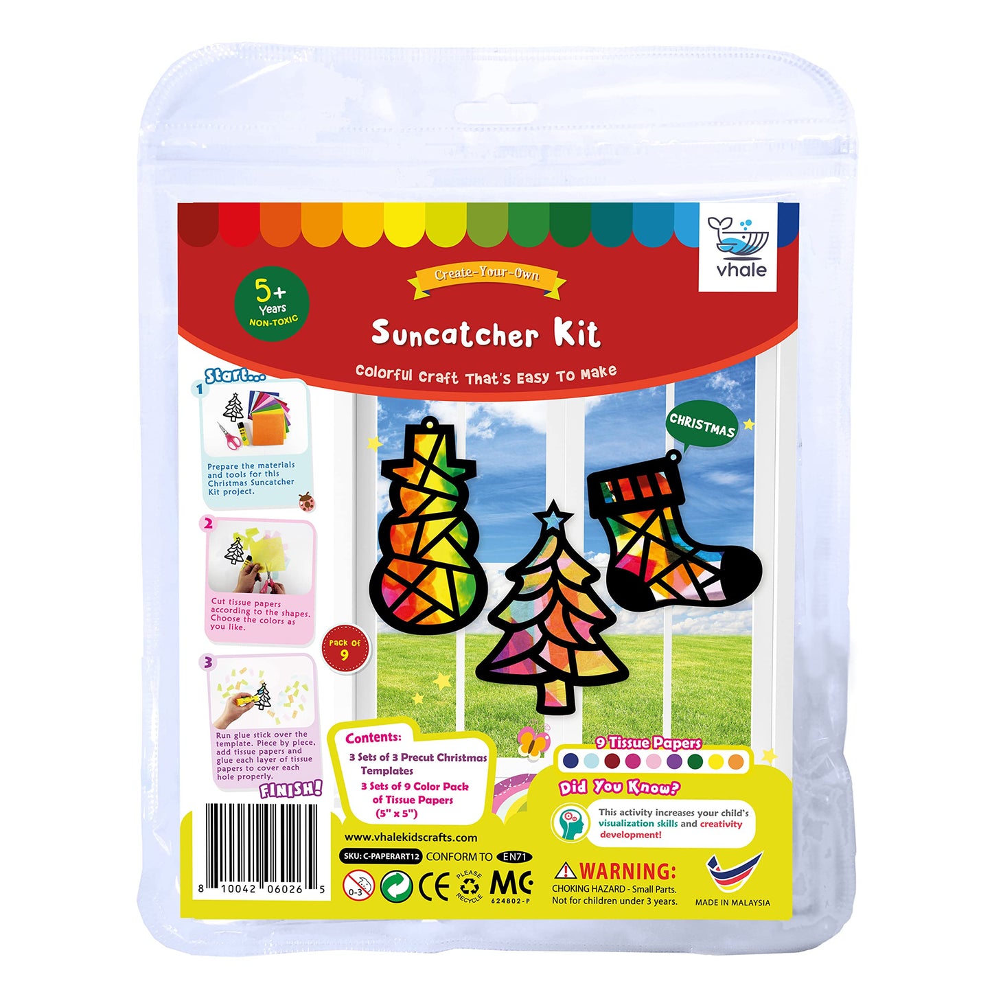 VHALE Suncatchers Craft 3 Sets — Christmas Window Art Kit with Tissue Papers