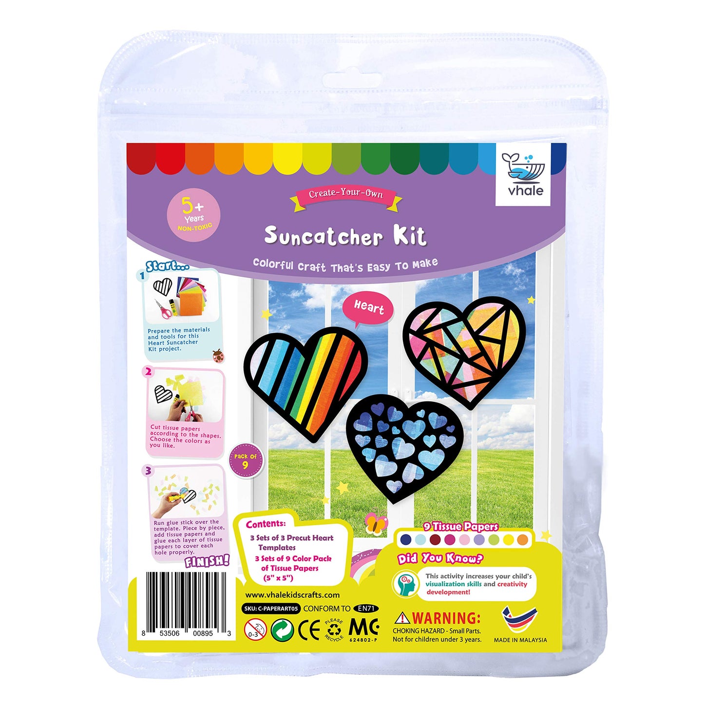 VHALE Suncatchers Craft Kit – 3 Sets (9 Heart Cutouts) with Color Tissue Paper