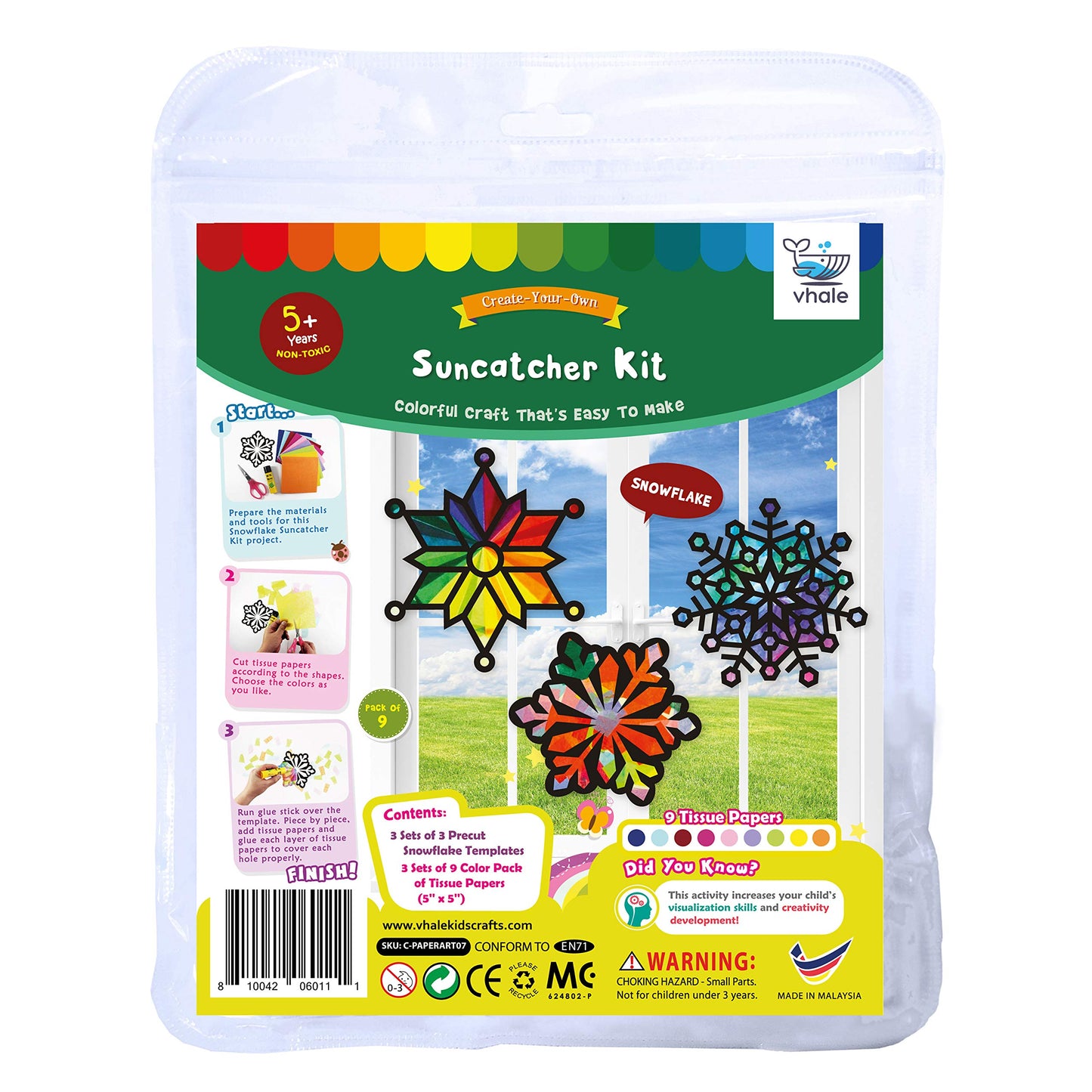 VHALE Suncatchers Craft Kit – 3 Snowflake Sets with Color Tissue Papers for Window Art