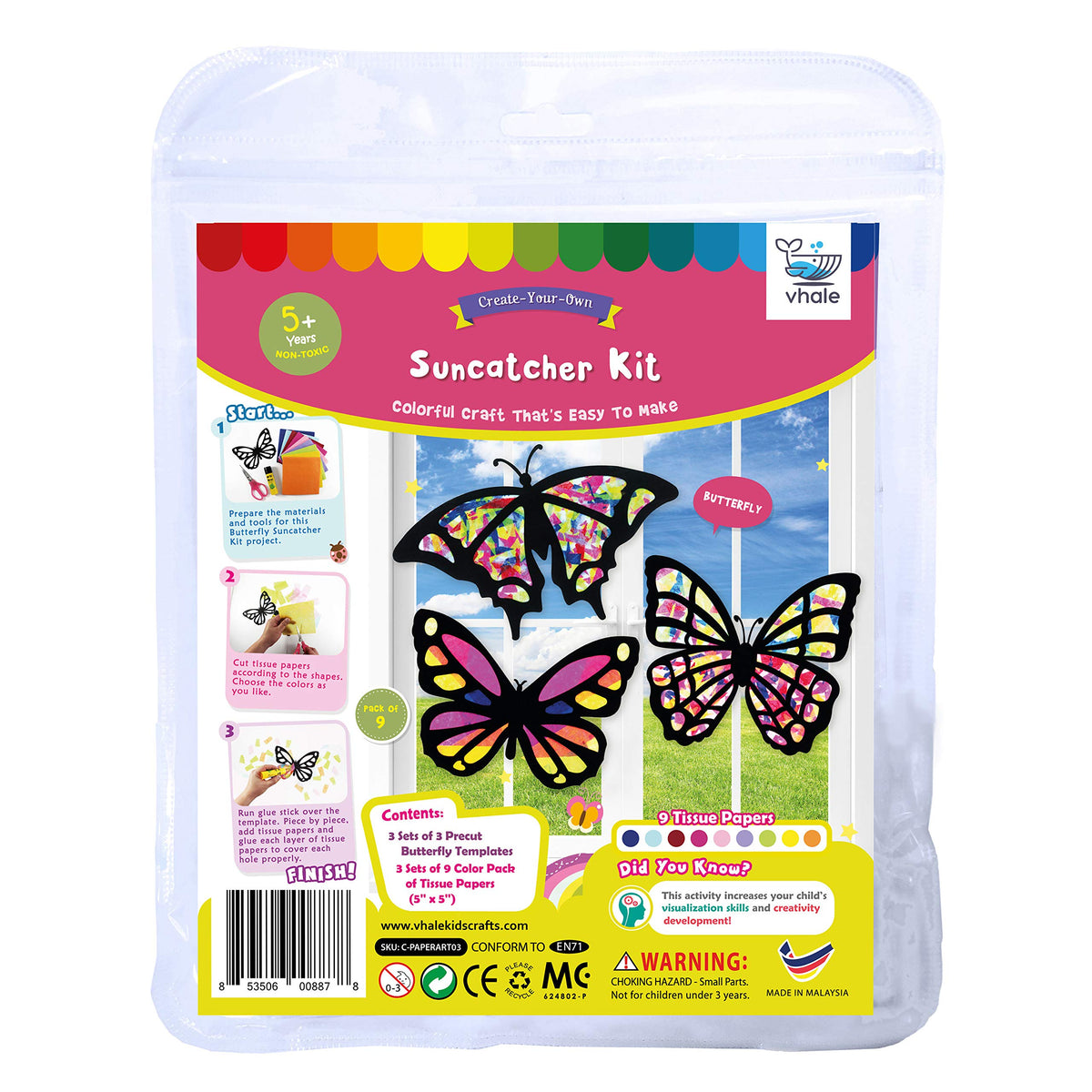 VHALE Butterfly Suncatchers Craft Kit — 3 Sets, 9 Cutouts, Tissue Paper Stained Glass