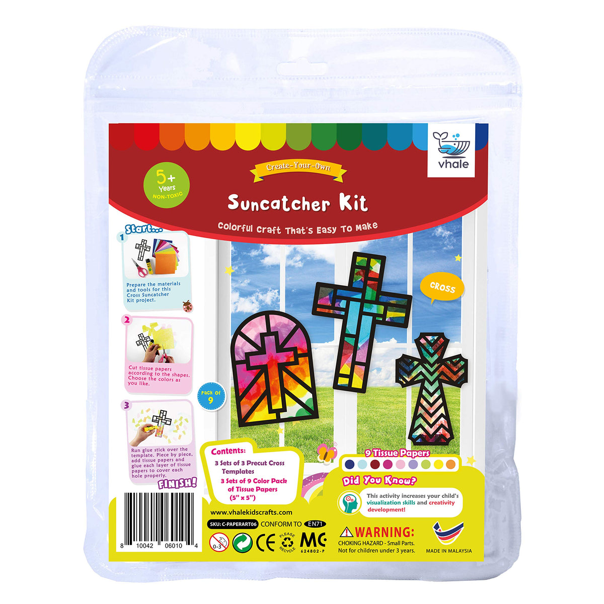VHALE Suncatchers Craft 3 Sets (9 Cutouts) with Tissue Papers – Cross Sun Catcher Kit for Window Art & Classroom Crafts