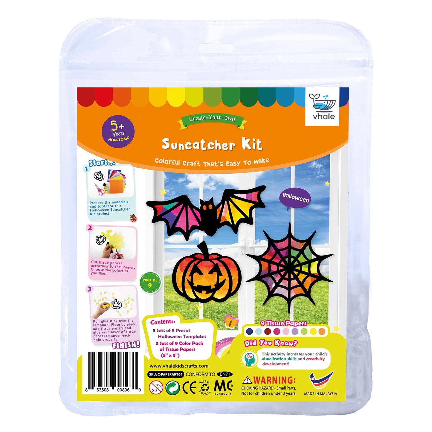 VHALE Suncatchers Craft Sets: 3 Halloween Templates + Tissue Papers for Window Art