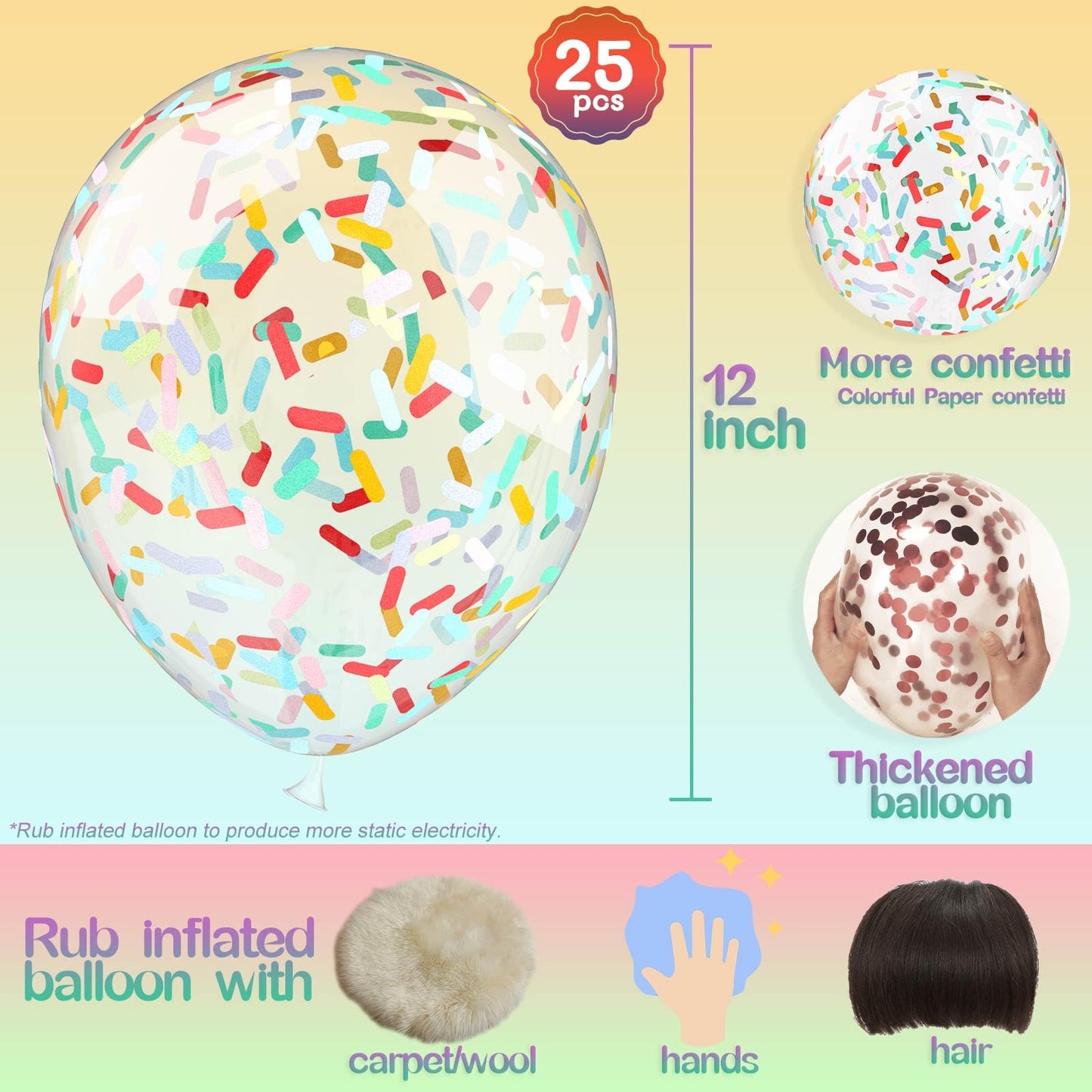 VHUWE 25 Rainbow Confetti Balloons - 12in Clear Latex with Confetti Inside