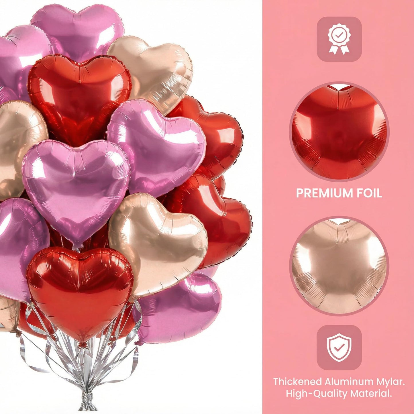 Viaecone 18-Inch Heart Balloons — 50-Pack Red, Pink & Champagne Gold