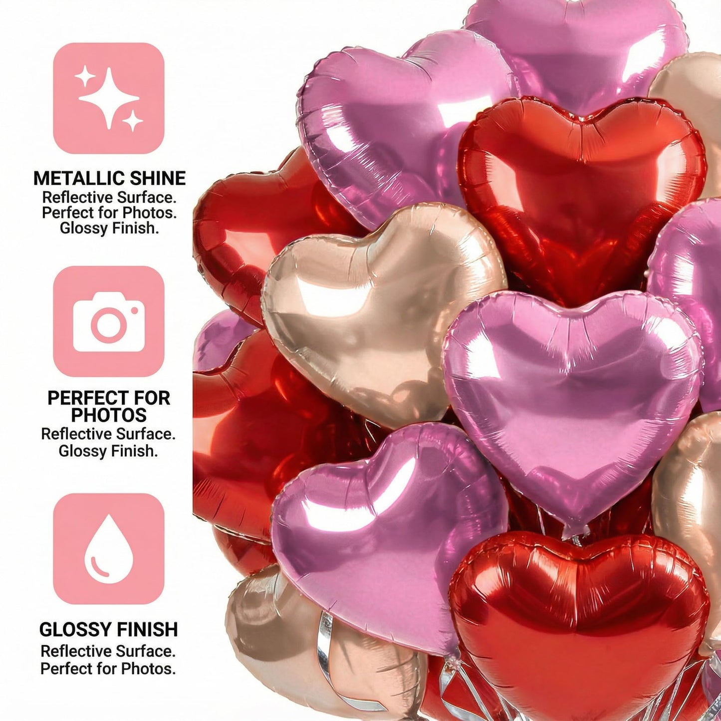 Viaecone 18-Inch Heart Balloons — 50-Pack Red, Pink & Champagne Gold