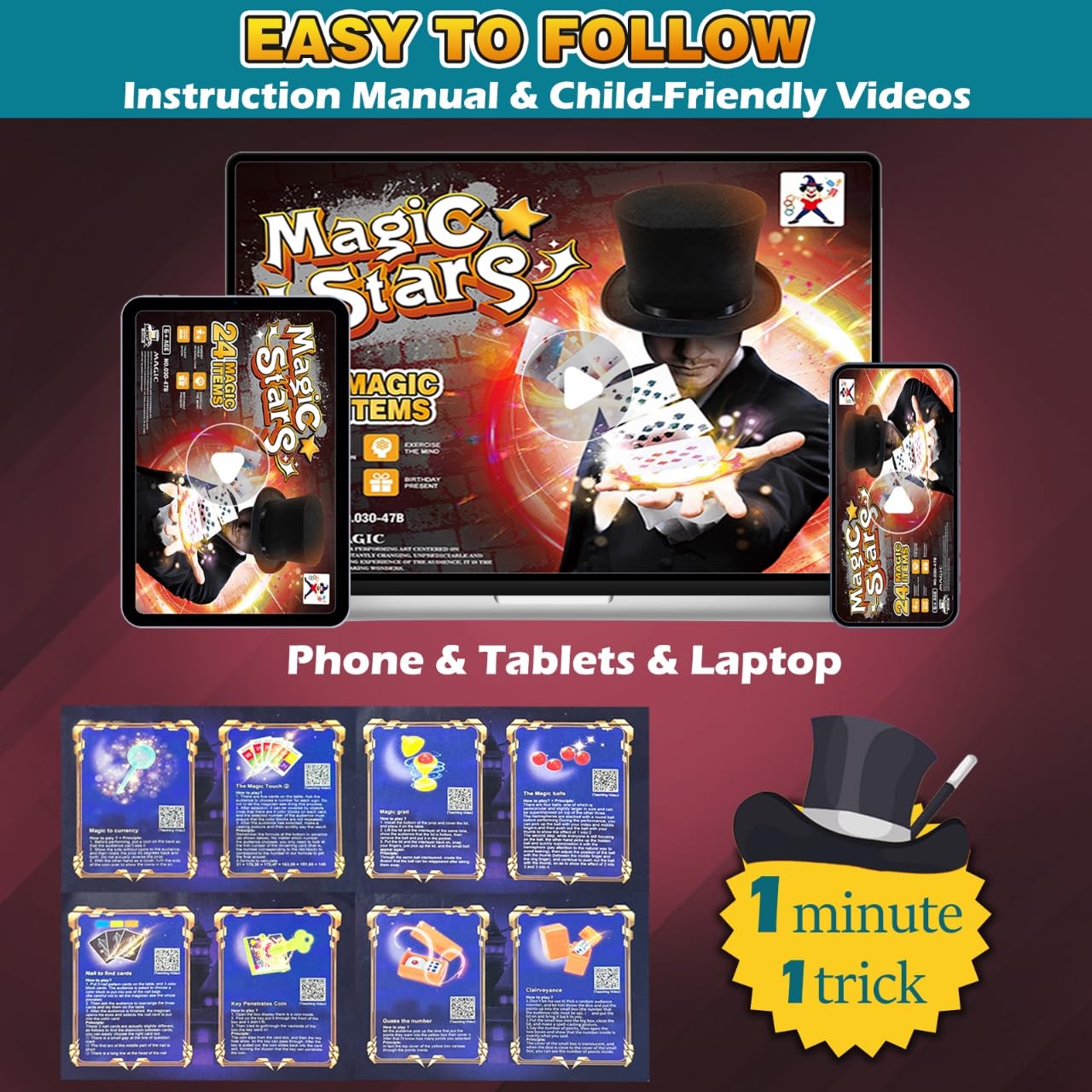 VIANBYE Magic Kit for Kids – 24-in-1 Tricks with Step-by-Step Video Guides